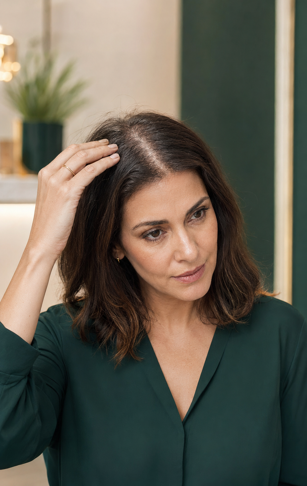 Mulher observando sinais de afinamento capilar feminino