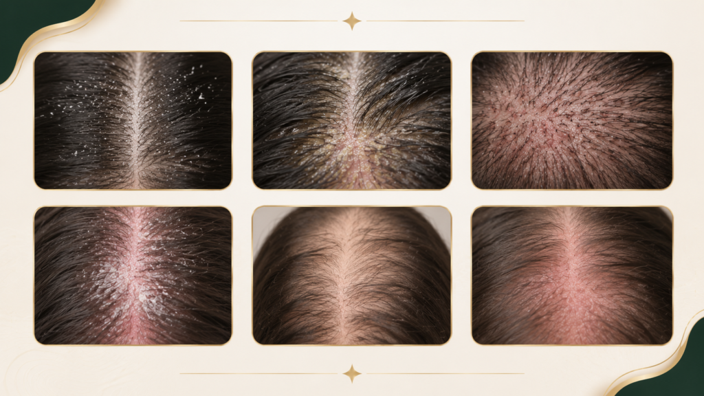 Ilustração comparando diferentes condições que podem afetar a saúde do couro cabeludo, como caspa, dermatite seborreica, foliculite, psoríase, alopecia e dermatite de contato.
