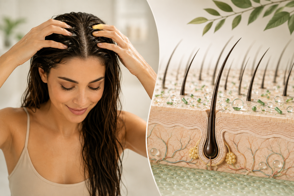 Ilustração mostrando a diferença entre cuidar apenas dos fios e cuidar da saúde do couro cabeludo (Scalp Care).