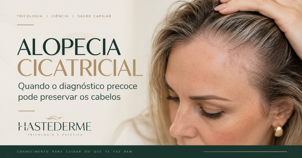 Alopecia cicatricial com retração da linha capilar em mulher